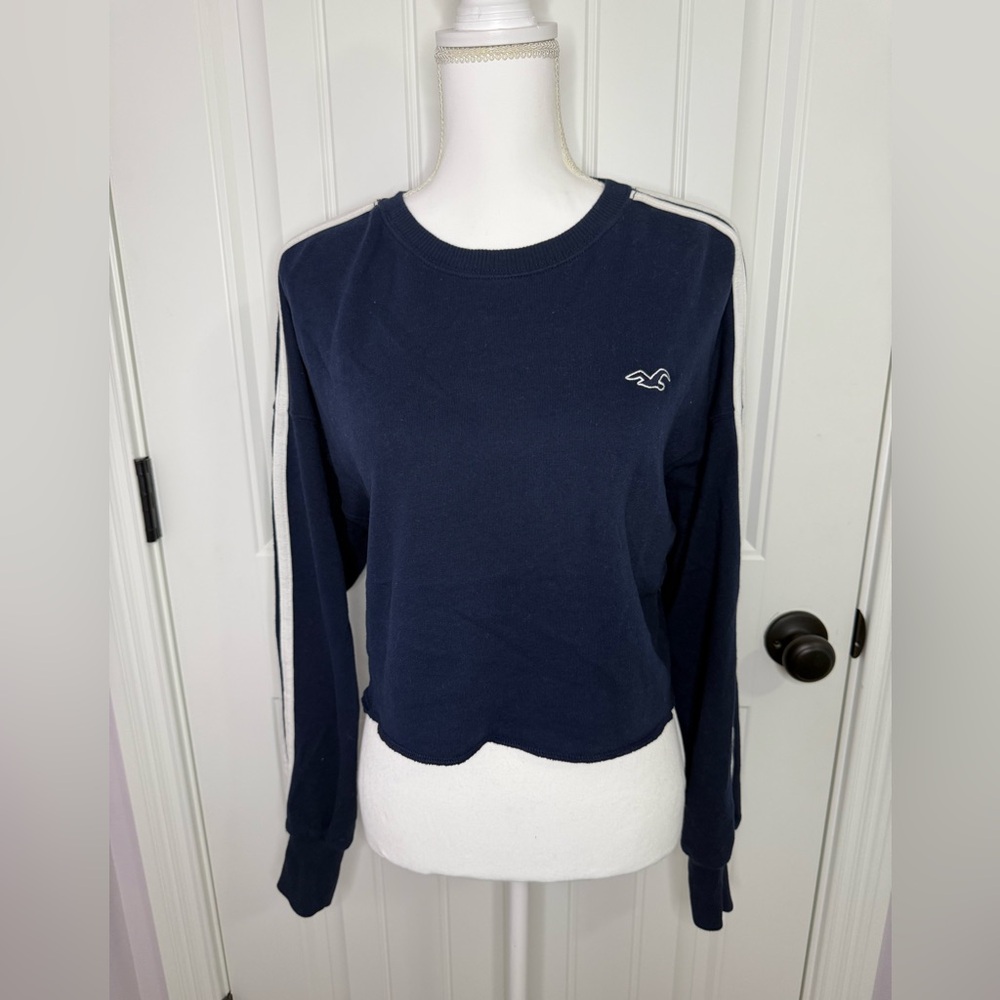 Hollister Dark Blue Sweatshirt with White Striped Sleeves